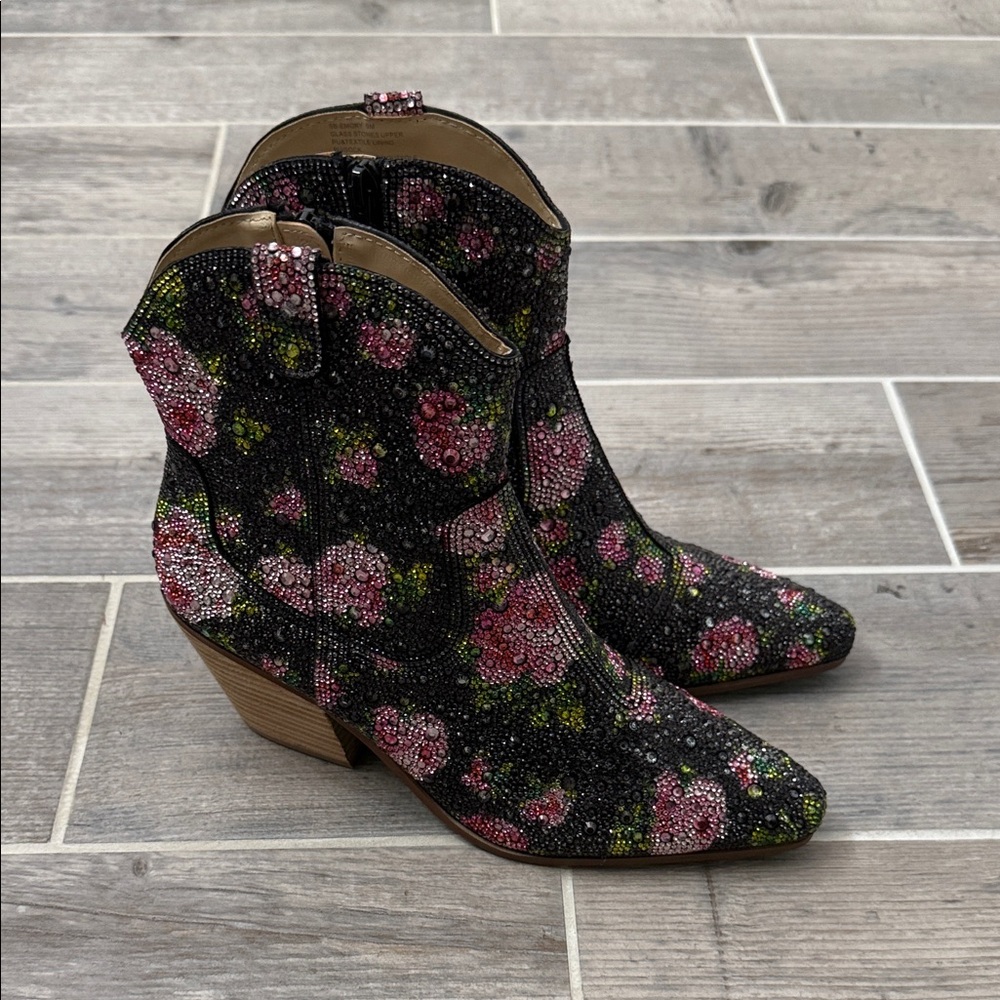 Betsey Johnson Black Floral Ankle Boots